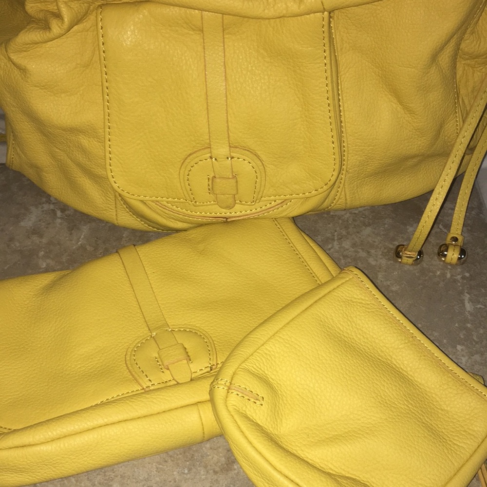 Issac Mizrahi Yellow Leather Three Piece set Tote Crossbody Wristlet